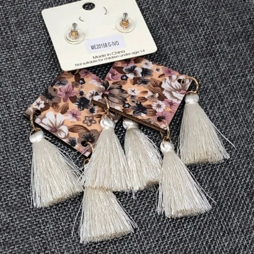 Floral Square Wood Triple Tassel Dangle Earrings
